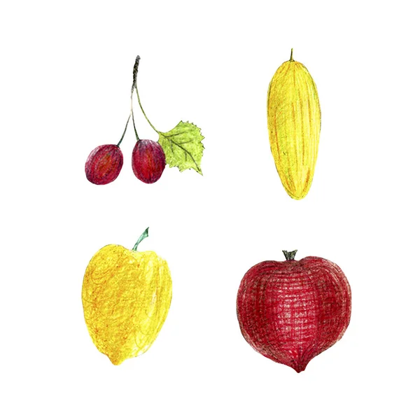 Kırmızı elma, muz, armut, kiraz parlak meyve tam arka planda izole ile suluboya eski moda ayarlayın. Yaz, hasat, sulu — Stok fotoğraf