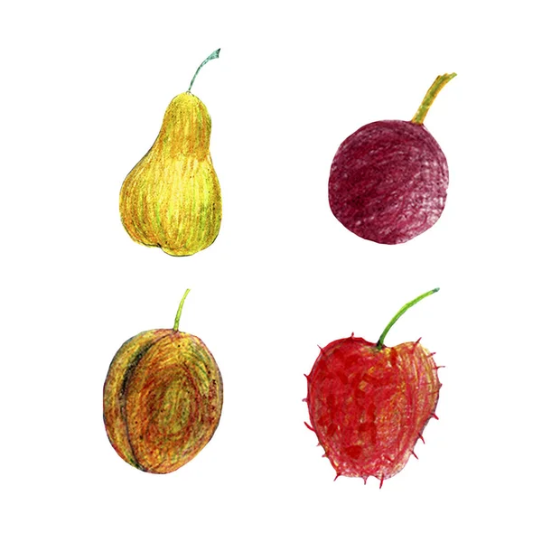 赤いリンゴ、バナナ、梨、サクランボの明るいフルーツを背景に完全に隔離された水彩画の昔ながらのセット。夏, 収穫, ジューシー — ストック写真