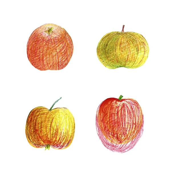 Kırmızı elma, muz, armut, kiraz parlak meyve tam arka planda izole ile suluboya eski moda ayarlayın. Yaz, hasat, sulu — Stok fotoğraf