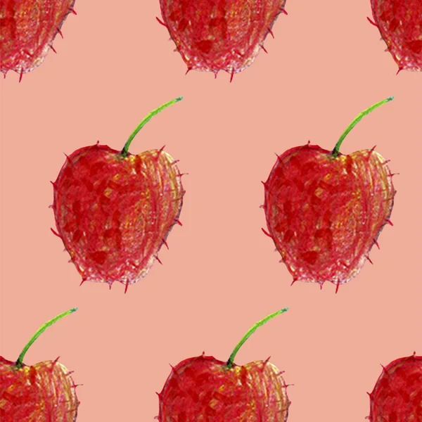 Padrão sem costura aquarela com maçãs vermelhas, bananas, peras, cerejas frutas brilhantes cheio isolado no fundo. Verão, colheita, suculento — Fotografia de Stock