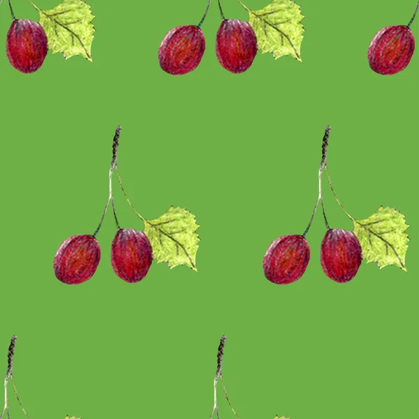 赤いリンゴ、バナナ、梨、サクランボの明るい果物を背景に完全に隔離した水彩シームレスなパターン。夏, 収穫, ジューシー — ストック写真