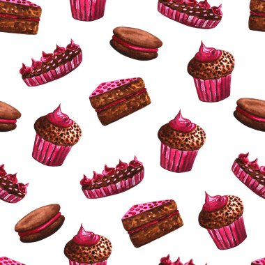 Çikolata tatlısı seti: donut, kek, kurabiye, kek, turta, kurabiye. El çizimi suluboya çizimi