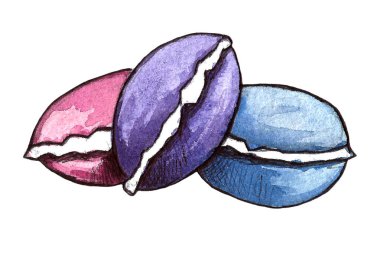 Çikolata tatlısı seti: donut, kek, kurabiye, kek, turta, kurabiye. El çizimi suluboya çizimi