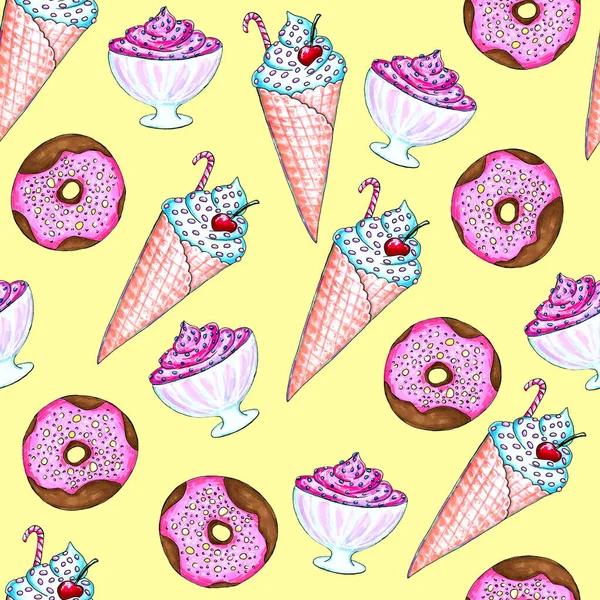 Set von Aquarell-Eis, Donut und Dessert, Sommer-Kollektion Lebensmittel-Illustrationen isoliert auf weißes weiches italienisches Fruchteis — Stockfoto