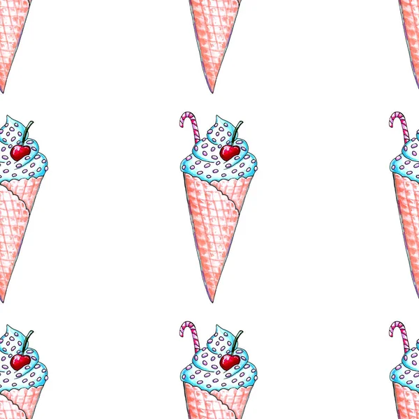 一套水色冰淇淋，甜甜圈和甜点，夏天收集食物插图，用白色软意大利冰淇淋隔开 — 图库照片