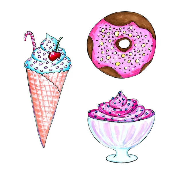 Set von Aquarell-Eis, Donut und Dessert, Sommer-Kollektion Lebensmittel-Illustrationen isoliert auf weißes weiches italienisches Fruchteis — Stockfoto