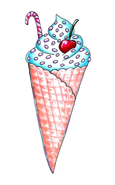 Conjunto de helados acuarela, rosquilla y postre, ilustraciones de alimentos de la colección de verano aislados en helado de fruta italiana suave blanco — Foto de Stock