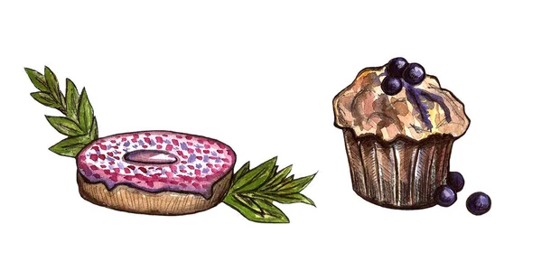 Sada čokoládových bonbónů: kobliha, dort, sušenky, košíček, woopie koláč, makarony. Ručně kreslený akvarel ilustrace — Stock fotografie