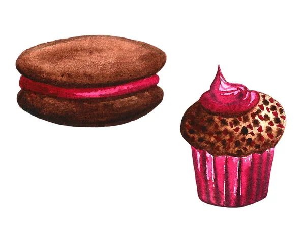 Набір шоколадних цукерок: пончик, торт, печиво, кекс, волоський пиріг, макарони. Ручна намальована акварельна ілюстрація — стокове фото
