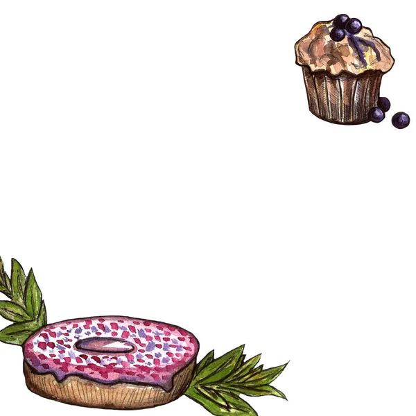 Set van chocolade snoepjes: donut, cake, koekjes, cupcake, woopie pie, macarons. Met de hand getekend aquarel illustratie — Stockfoto