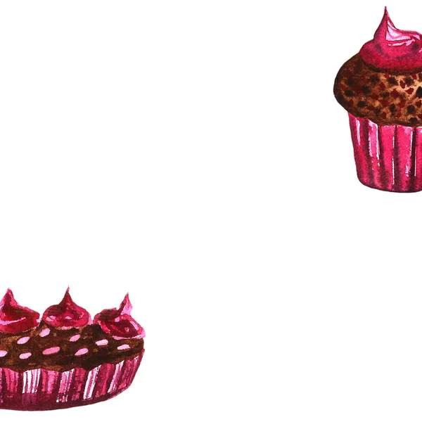Uppsättning choklad godis: munk, kaka, kakor, cupcake, woopie paj, makaroner. Handritad akvarell illustration — Stockfoto