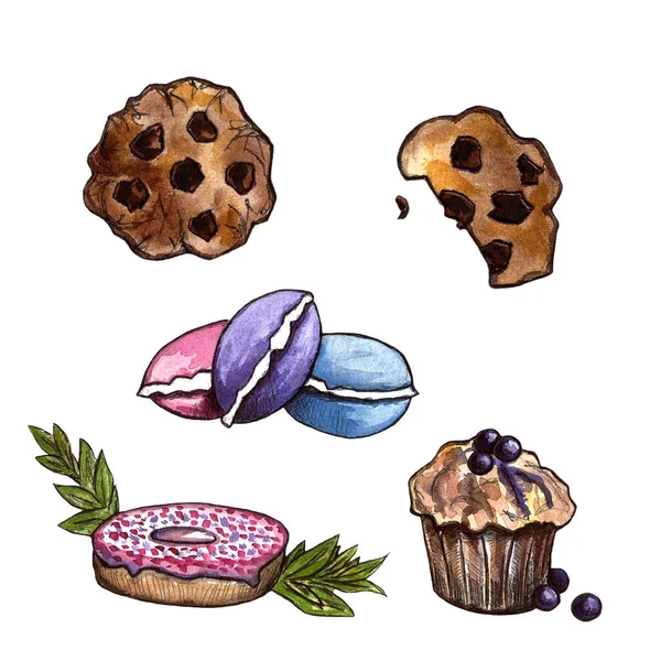 Set di dolci al cioccolato: ciambella, torta, biscotti, cupcake, woopie, maccheroni. Illustrazione acquerello disegnato a mano — Foto Stock