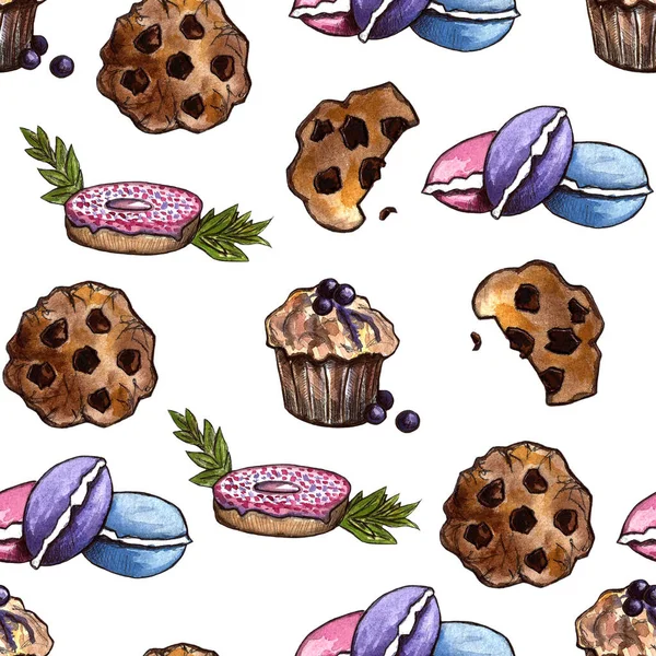 Set di dolci al cioccolato: ciambella, torta, biscotti, cupcake, woopie, maccheroni. Illustrazione acquerello disegnato a mano — Foto Stock