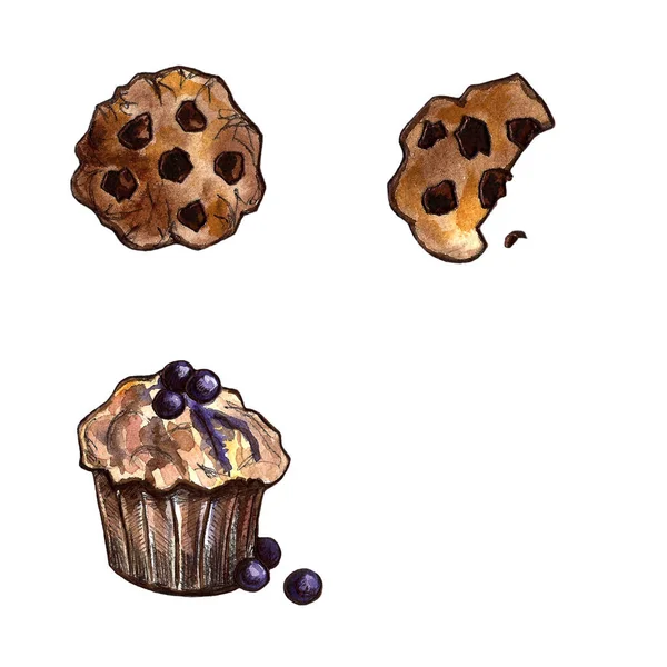 Set di dolci al cioccolato: ciambella, torta, biscotti, cupcake, woopie, maccheroni. Illustrazione acquerello disegnato a mano — Foto Stock