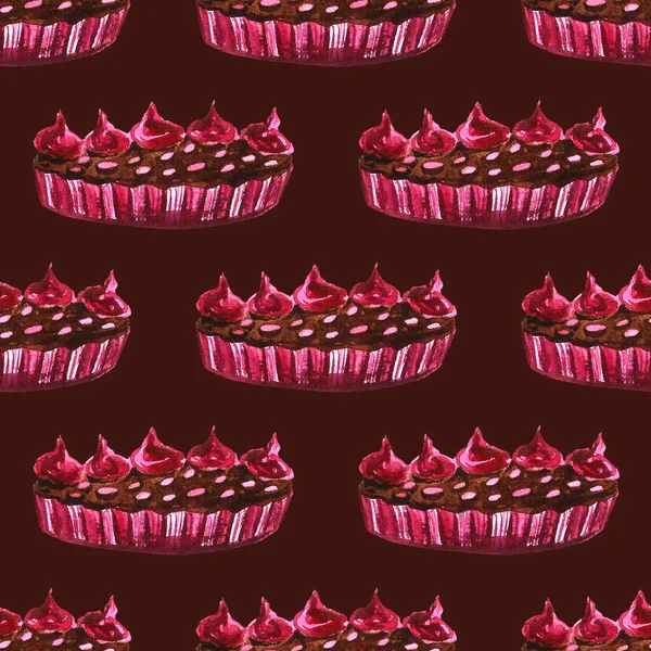 Set di dolci al cioccolato: ciambella, torta, biscotti, cupcake, woopie, maccheroni. Illustrazione acquerello disegnato a mano — Foto Stock