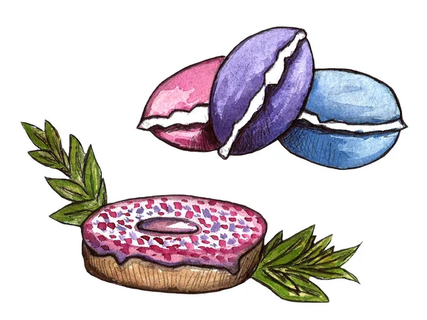 Ensemble de bonbons au chocolat : beignet, gâteau, biscuits, cupcake, tarte woopie, macarons. Illustration aquarelle dessinée à la main — Photo