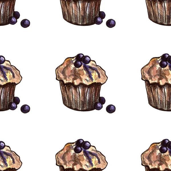 チョコレートのお菓子のセット:ドーナツ、ケーキ、クッキー、カップケーキ、ウーピーパイ、マカロン。手描き水彩画 — ストック写真