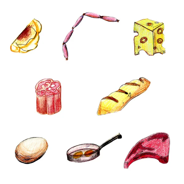 Clásica colección de iconos de desayuno inglés con pan de jamón de queso beacon y huevos abstracto retro aislado mano dibujado acuarela ilustración — Foto de Stock