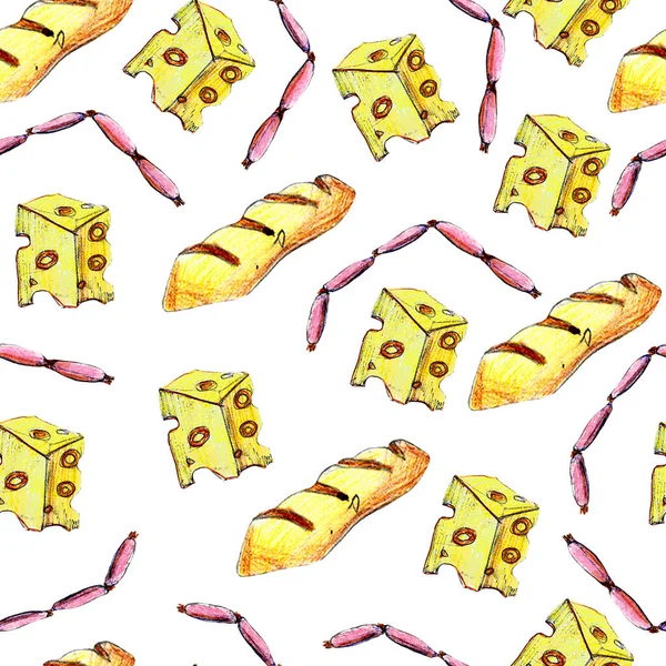 Klasická anglická snídaně ikony kolekce s majákem sýr šunkový chléb a vejce abstraktní retro ručně kreslené akvarel ilustrace — Stock fotografie