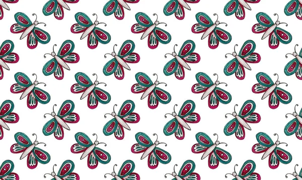 Elle çizilmiş kelebeklerle kusursuz desen — Stok fotoğraf