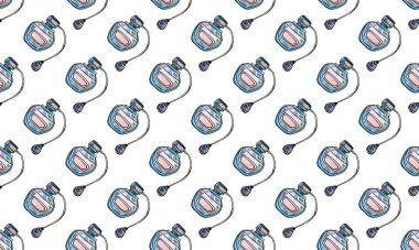 Elle çizilmiş parfüm şişeleriyle kusursuz desen.