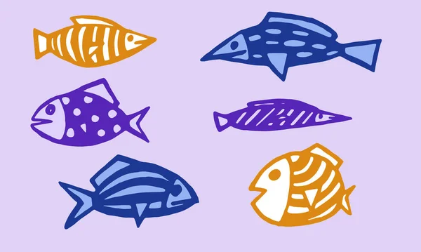 คอลเลกชันของภาพเวกเตอร์ที่วาดด้วยมือของปลา — ภาพเวกเตอร์สต็อก