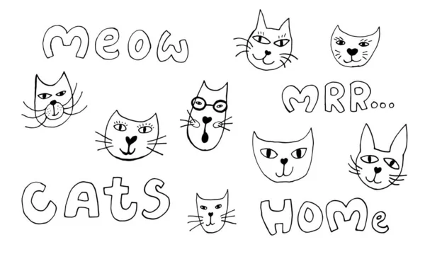 Illustrazione vettoriale disegnata a mano di facce di gatto — Vettoriale Stock