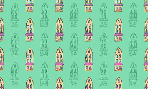 Seamless pattern with hand drawn houses. Traditional vintage buildings in the city of Amsterdam