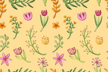 Suluboya çiçekli kusursuz desen. El çizimi akvaryum çizimi. Güzel botanik çizimi. Renkli çiçek başları ve bitkiler