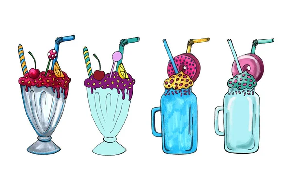 Handgetekende Milkshake Illustratie Verzameling Verfrissende Zomercocktails Glazen Met Room Stro — Stockfoto