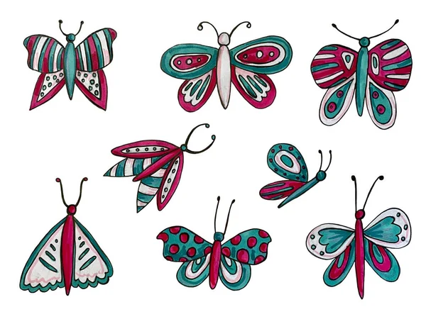 Colección dibujada a mano de mariposas — Foto de Stock
