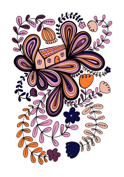 Pequeña casa rodeada de flores — Vector de stock