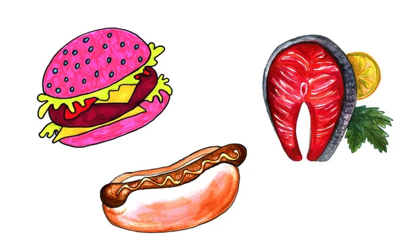Рожевий бургер, хот-дог і червоний лосось — стокове фото