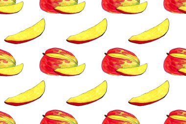 El çizimi mango resmi. Kusursuz desenli meyve çizimi. Çiftlikte yetişen organik meyveler.