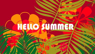 Tropikal yaprakları, çiçekleri ve elementleri olan çizimler. El çizimi desenli çok renkli bitkiler. Egzotik arka planlar.