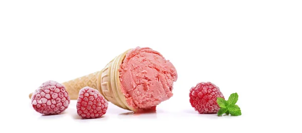 Scoop Raspberry Ice Cream Leaves Mint Isolated White Background — Stock Photo, Image