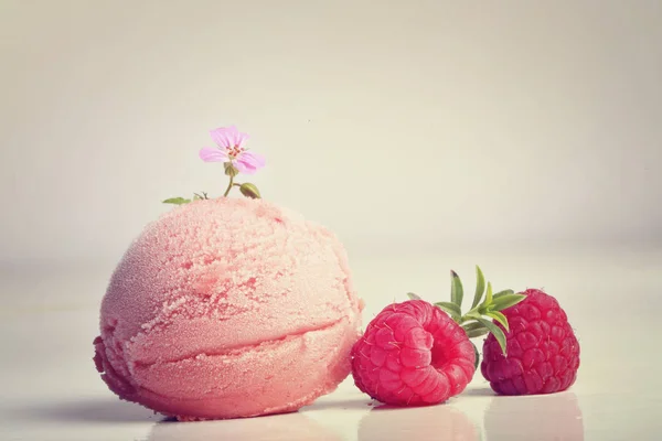 Sendok Krim Raspberry Dengan Daun Mint Terisolasi Pada Latar Belakang — Stok Foto