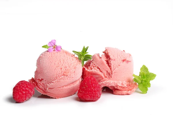 Scoop Raspberry Ice Cream Leaves Mint Isolated White Background — Stock Photo, Image