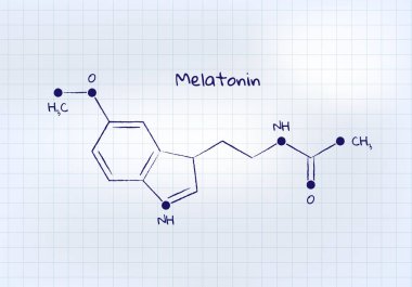 Vektör hormonları çalışma afiş şablonu. Kalem kare not defteri arka plan üzerinde melatonin yapısı çizilmiş. Hormon uyku bozukluğu ile ilişkili. Bilimsel modern kavram. Eğitim için tasarım, sunum