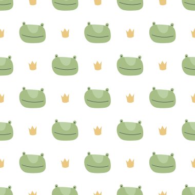 Vektör İskandinav froggy karakter dikişsiz desen. Beyaz arka plan üzerinde izole taç ile renkli çocuksu kraliyet kurbağası. Kumaş, tekstil, kağıt, kartlar için çocuk geometrik komik doku baskı.