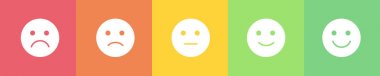 Vektör düz yatay duygudurum geribildirim izci. Beyaz beş duygu ile emoji kesip: memnun, üzgün, kayıtsız, memnun, memnun. İstemci hizmetini tahmin etmek için Ui tasarım öğesi.