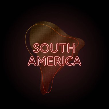 Trendy geometrik sıvı neon afiş. Siyah arka plan üzerinde sıçrama ve kontur silueti üzerinde turuncu ışıklı degrade renkli kırmızı. Dünya kıtaları konsepte ilham verdi. Güney Amerika parlayan metin.