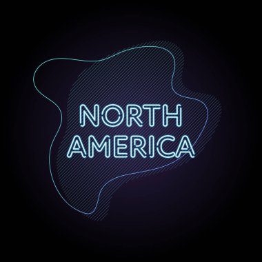 Trendy geometrik sıvı neon afiş. Siyah arka plan üzerinde sıçrama ve kontur silueti mavi ışıklı degrade renkli cian. Dünya kıtaları konsepte ilham verdi. Kuzey Amerika parlayan metin.