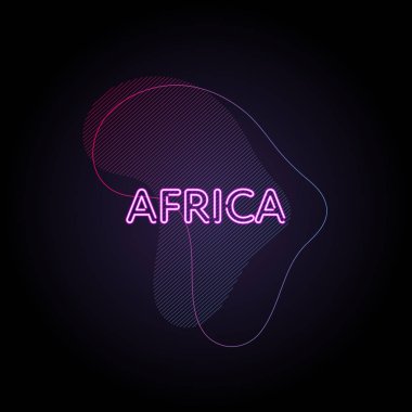 Trendy geometrik sıvı neon afiş. Siyah arka plan üzerinde sıçrama ve kontur siluet hattı üzerinde mavi degrade renkli pembe. Dünya kıtaları konsepte ilham verdi. Afrika parlayan metin.