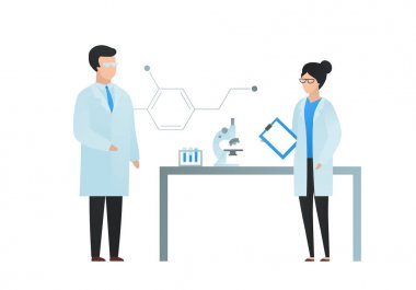 Trendy düz bilim adamı karakter vektör illüstrasyon. Tablo, mikroskop, test tüpü ve molecula formül işareti ile laboratuvarda duran karikatür erkek ve kadın bilim ekibi seti. Tasarım öğesi.