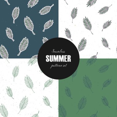 Vektör sorunsuz yaprak desen şablonu kümesi. 4 sevimli rasgele yerleştirilen yeşil eğrelti otu yaprakları farklı renk arka plan üzerinde izole. Tekstil, kumaş, ambalaj kağıdı, web, baskı, kumaş için doğal karo tasarımı