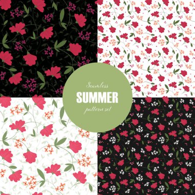 Vektör sorunsuz çiçek desen şablonu kümesi. Sevimli kırmızı kır çiçeği ve çilek beyaz ve siyah renk arka plan izole. Tekstil, kumaş, ambalaj kağıdı, web, baskı, kumaş için çiçek karo tasarımı