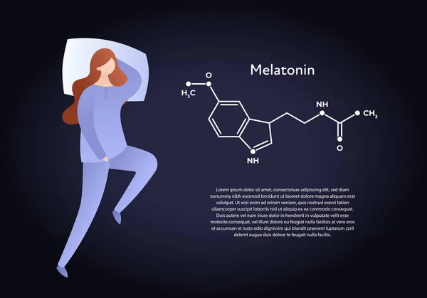 Plantilla de banner de carácter plano de hormonas vectoriales. Estructura de melatonina y mujer dormida sobre fondo oscuro. Coloque el soporte para texto. Concepto científico moderno. Diseño para la educación, presentación . — Vector de stock