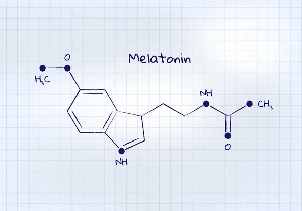 Векторные гормоны изучают шаблон баннера. Ручка нарисовала структуру мелатонина на фоне квадратного блокнота. Гормон ассоциируется с нарушением сна. Современная научная концепция. Дизайн для образования, презентация — стоковый вектор