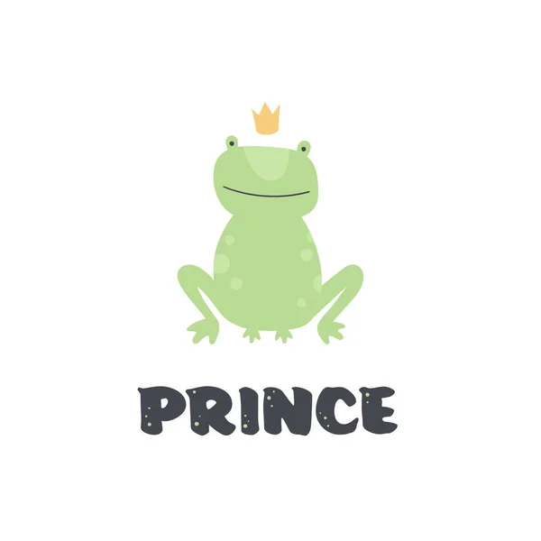 Postava z vektorového skandinávského žábu. Barevný dětinský zelený žabák sedí s korunou na bílém pozadí. Design pro dekoraci dětského zboží, tisk, webové pozadím — Stockový vektor
